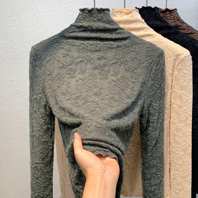 Women's Fashionable Semi-High Collar Lace Trim Shirt - Autumn/Winter Top