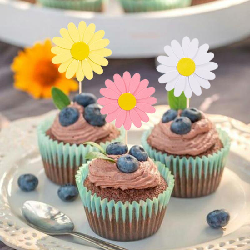 24 Stück Gänseblümchen Sonnenblume Kuchen Topper Party Dekorationszubehör Mädchen Gefallen Geburtstag Hochzeit Babyparty Party Cupcake Deko
