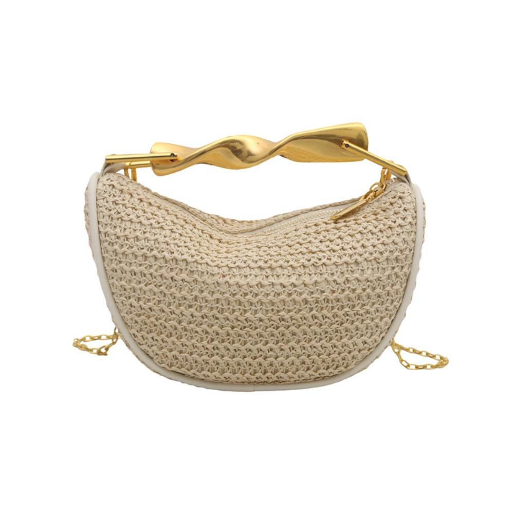 

Bohemian Half-Moon Weave Bag Hollowed Out Gold Handle Chain Crossbody Bag Handbag Large Capacity Straw Shoulder Bag Picnic