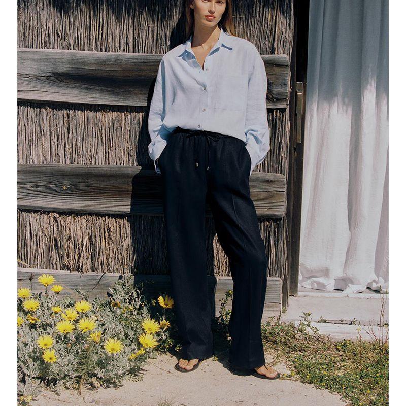 Summer New Product Women's Clothes American Minimalist White Linen Blend Straight-leg High Waist Casual Trousers 9929041