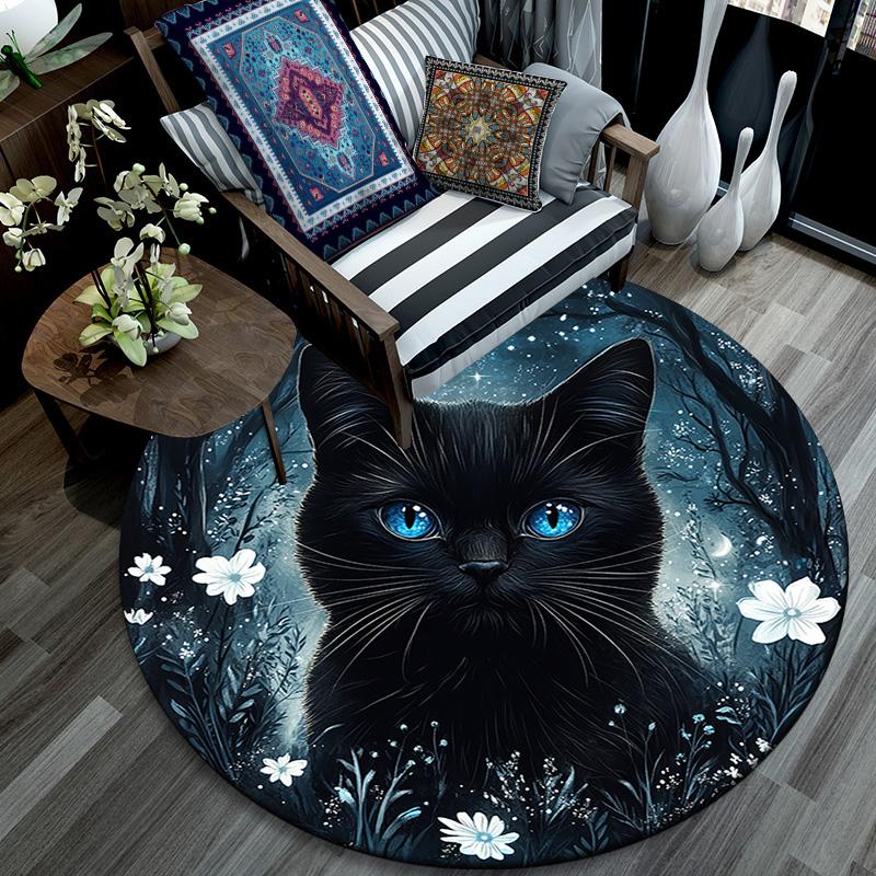 Magical Black Cat Round Area Rug,Carpet Rug for Living Room Bedroom Sofa Playroom Decor,Non-slip Floor Mat