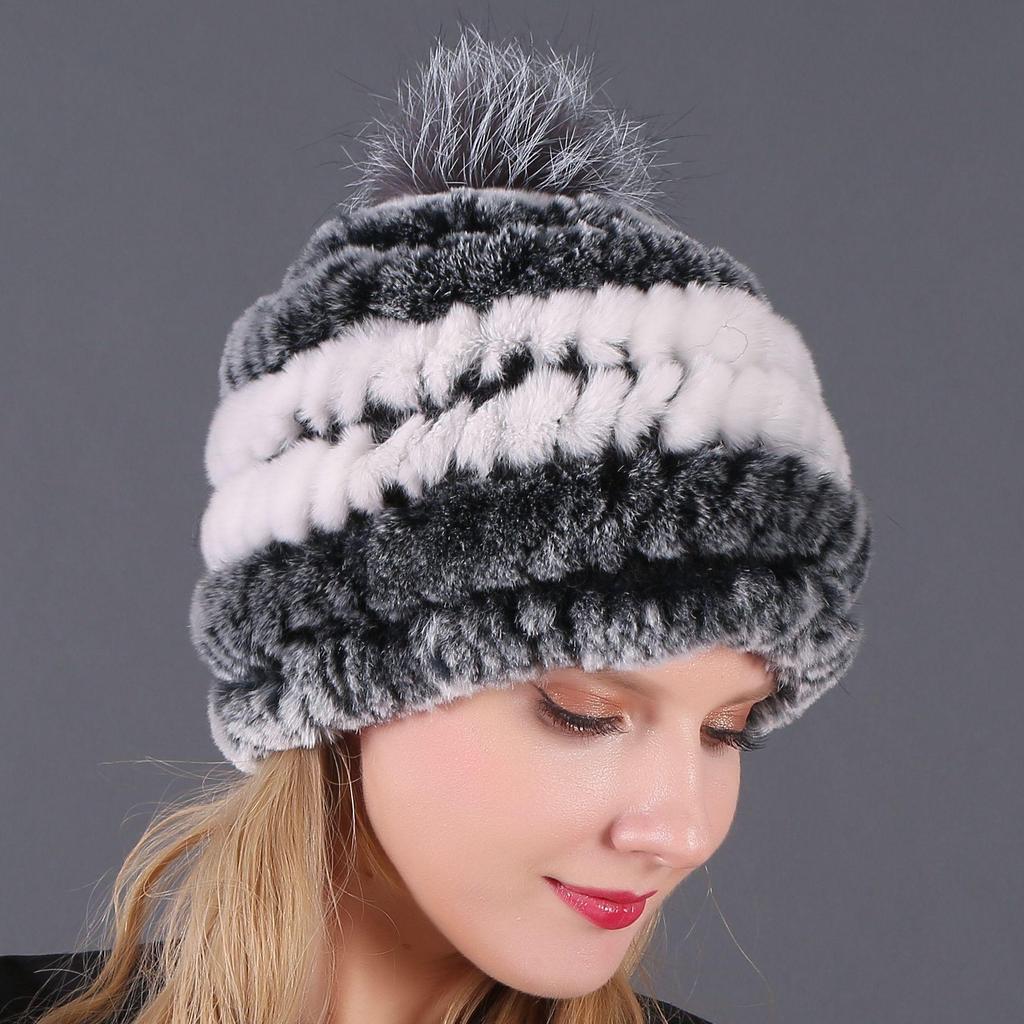 Women's Fur Hat with Rex Rabbit and Fox Fur Pompon for Autumn and Winter