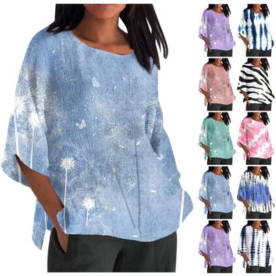 Women's Fashion Half Sleeve Round Neck Printed Loose Casual Blouse Tops Pullover