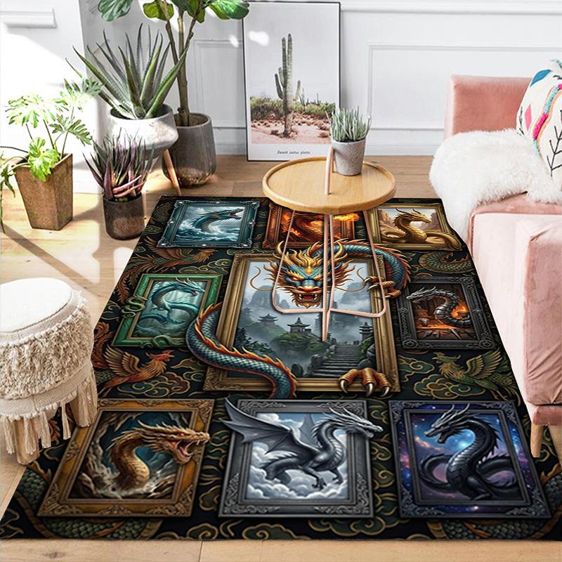 Dragons Art Frames Pattern Rug Floor Mat for Living Room or Bedroom Soft and Comfortable Carpet a Gift for Birthday and Holiday.