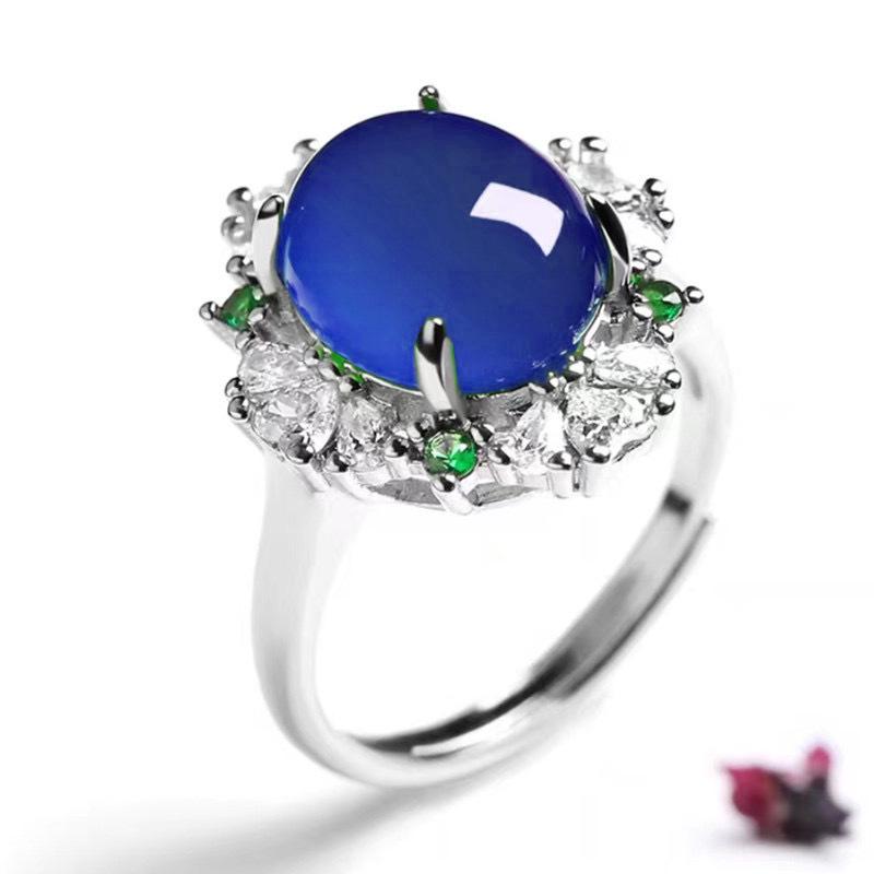 Bague Ajustable Calcédoine & Agate de Glace Forme Libre pour Femmes avec Incrustations en Forme d'Œuf et Placage Argent 925