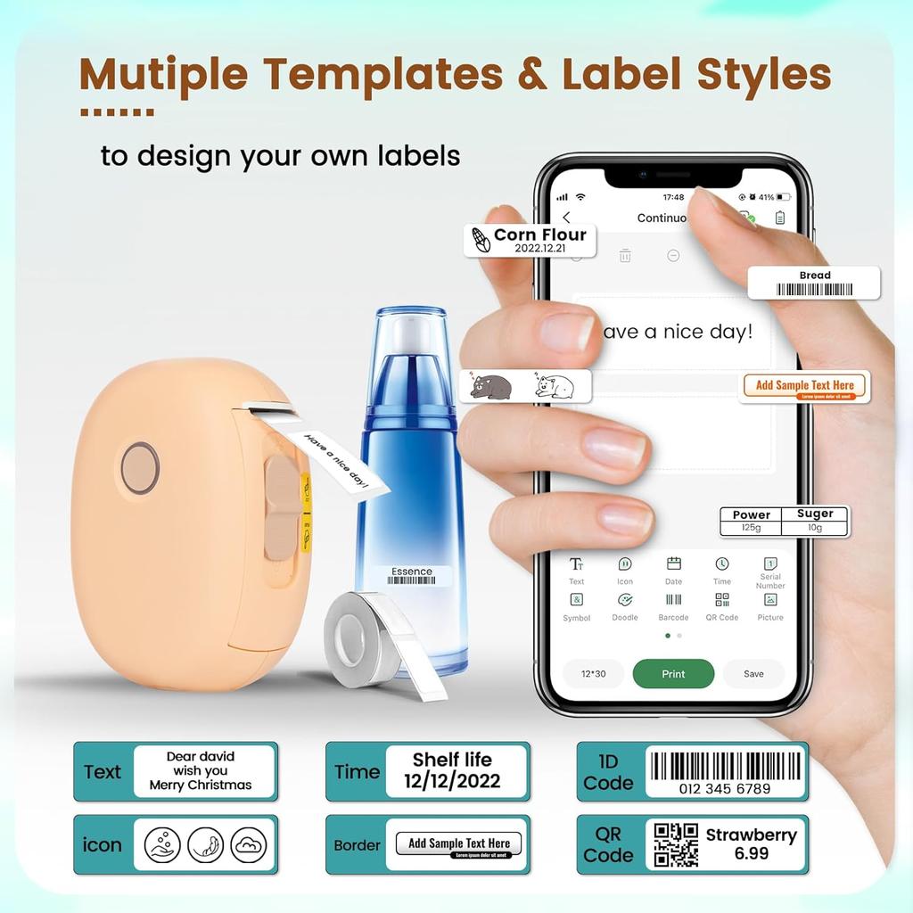 Bluetooth Labeler, Portable Labeler with Tape, Inkless Labeler Wireless Labeler with Multiple Templates for School Names, Price Tags, Home Storage
