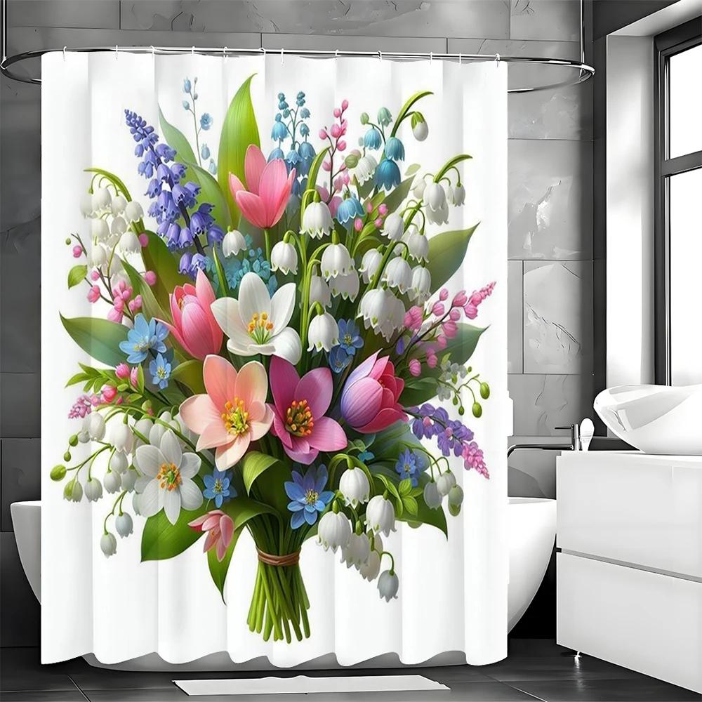Spring Flower Botanical Bouquet Shower Curtain, Bathroom Decorative Shower Curtain, Waterproof Shower Curtain with Hooks