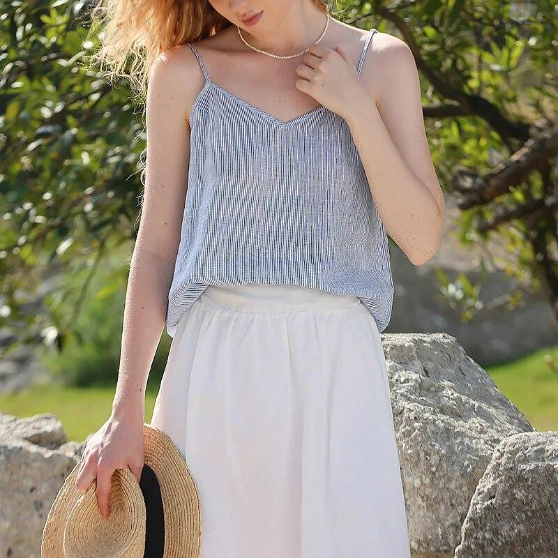 Suspender French Lazy Feeling Sky Blue Striped Vest Women V-neck Loose Sleeveless Tops Summer