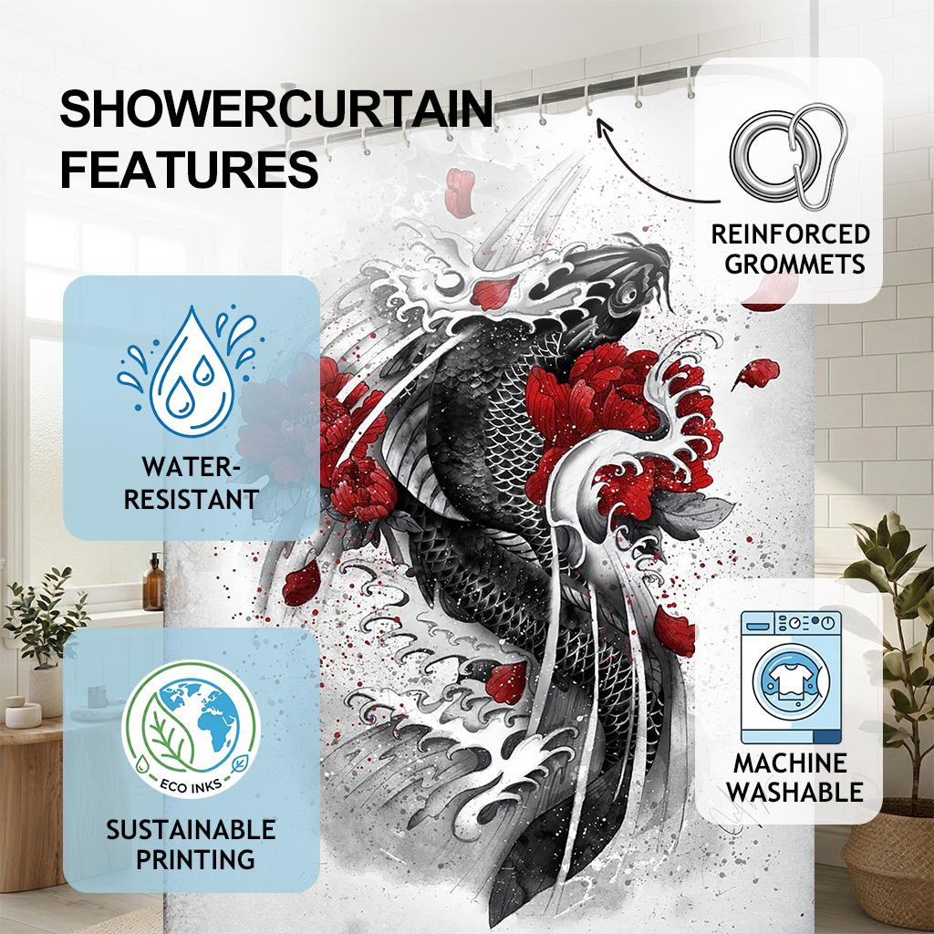 Japanese Koi Fish Ink Art Shower Curtain, Red Floral Wave Zen Bathroom Decor, Oriental Brush Painting Fabric Bath Curtain