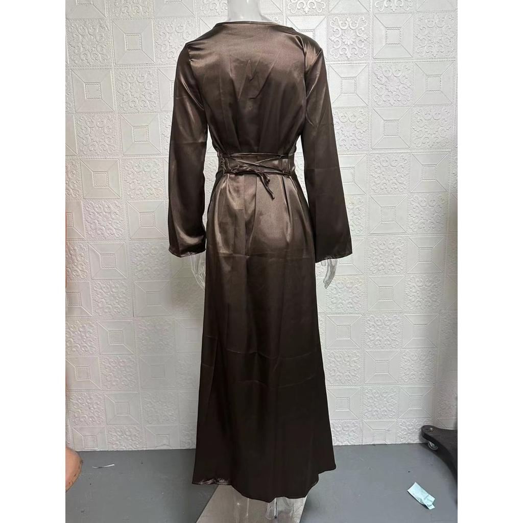 Women's Round Neck Long Sleeve Solid Colorwith Tie Back Elegant Long Dress 