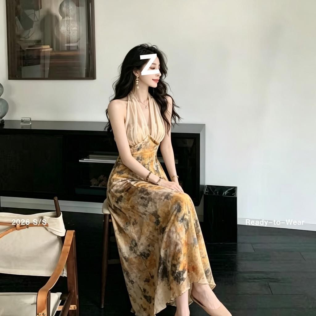 Retro smudge oil floral neck dress summer mesh V-neck waist pendulum long dress seaside vacation looking thin
