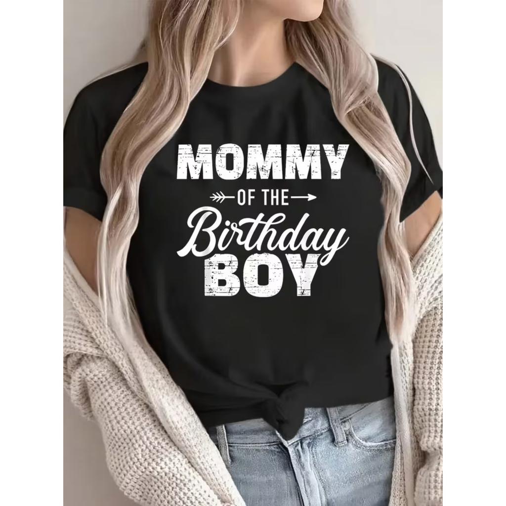 Cute Round Neck T-Shirt for Women, Mommy of The Birthday Print, Lightweight Comfortable Casual Top for Party Celebration