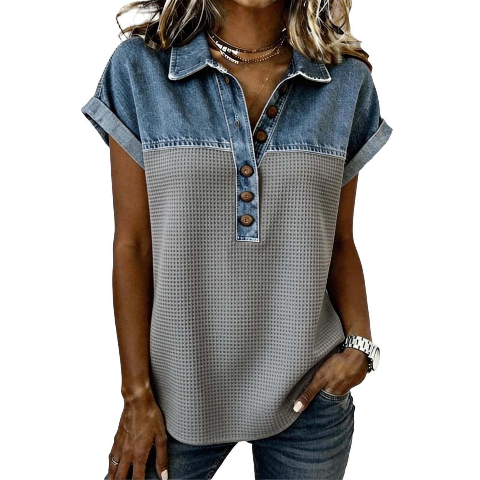 

Джинсовые Рубашки Пэчворк Для Женщин Стойка Воротник Повседневная Блузка Короткий Рукав Удобная Футболка Весна Лето Мода XXL