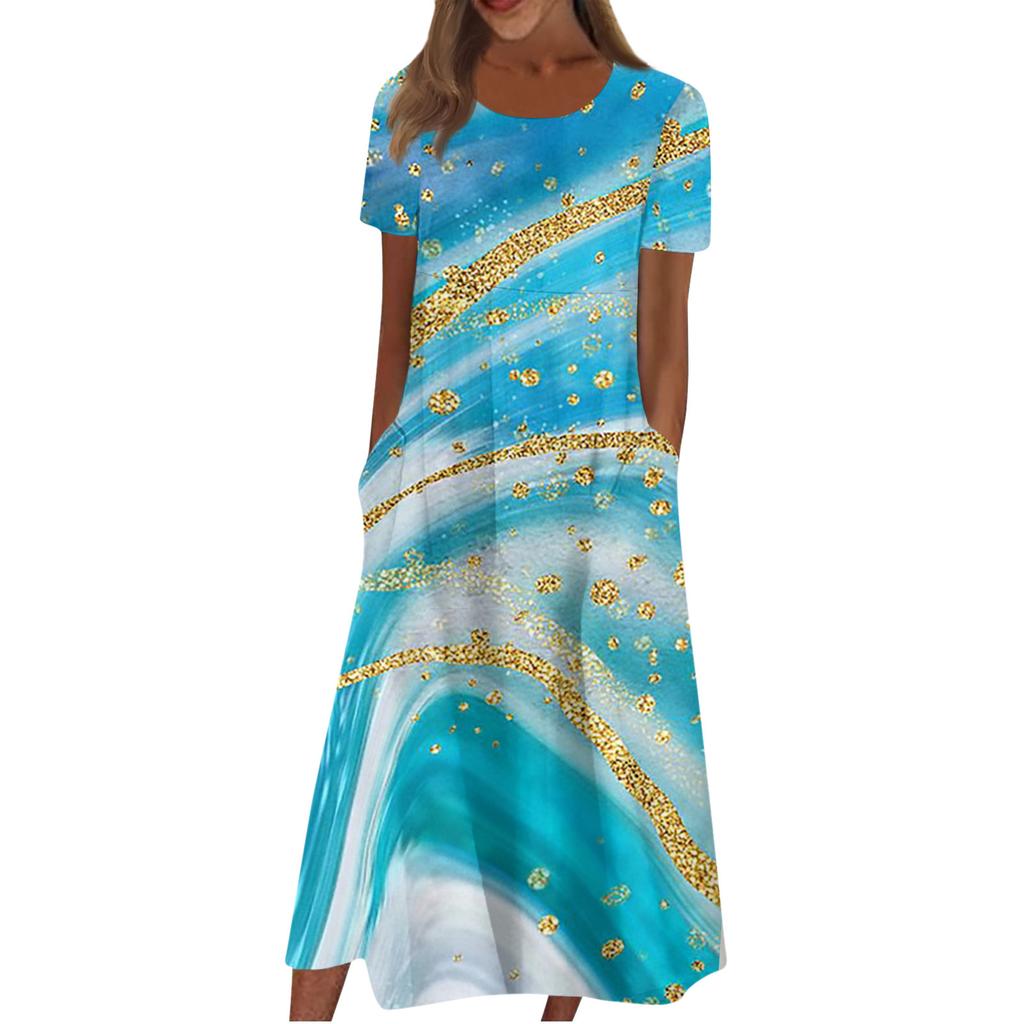 Women's Casual Dresses Printed Dresses Summer Dresses Printed Pleated Round Neck Midi Dresses Basic Classic Outdoor Daily Short Sleeve Loose Dresses