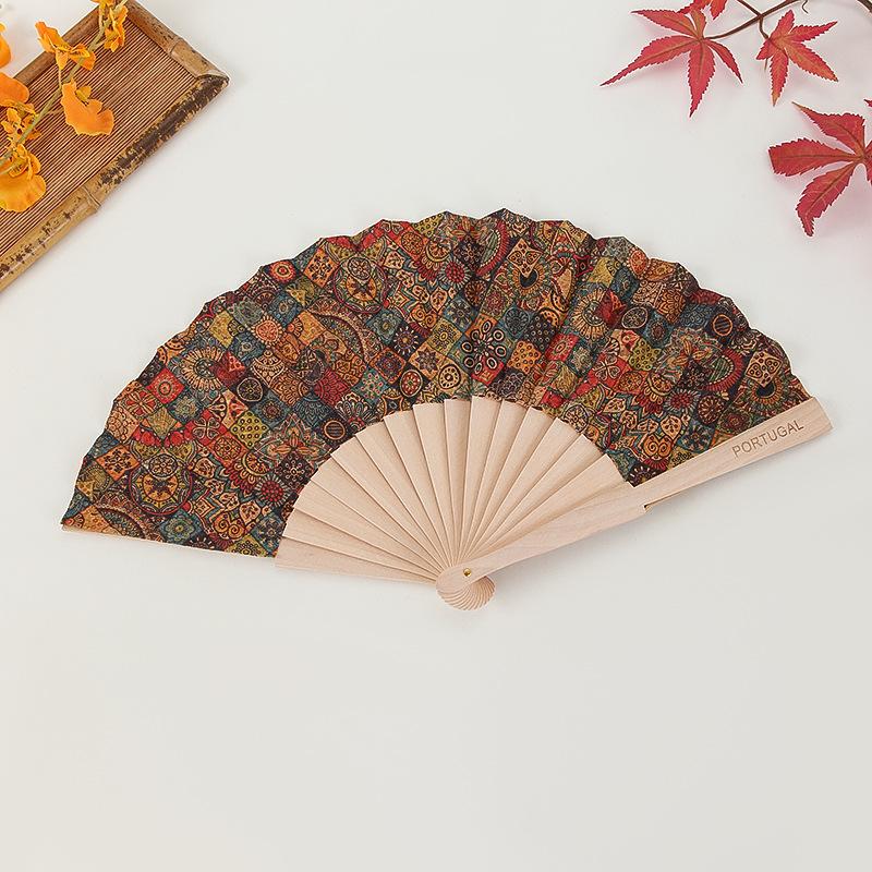 Vintage Portuguese Cork Folding Fan Advanced Makeup Hand Held Fan Bohemian Style Wooden Folding Fan Graft Gift Props Home Decor