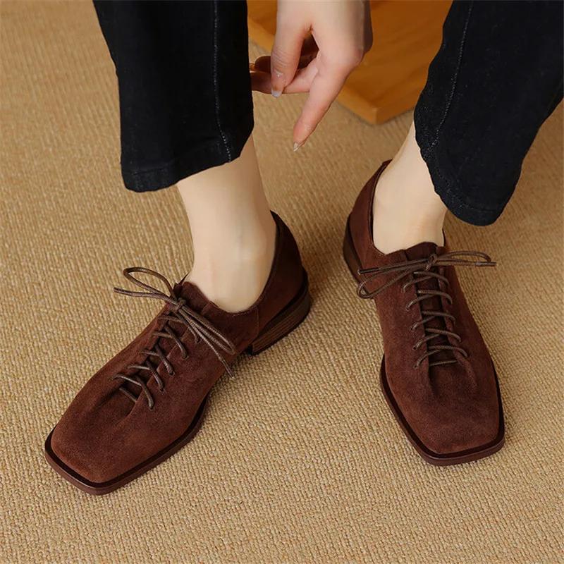 Fashion New Spring Sheep Suede Loafers Woman Shoes Chunky Heel Square Toe Shoes for Women Ladies Shoes Lace Women Pumps Low Heels