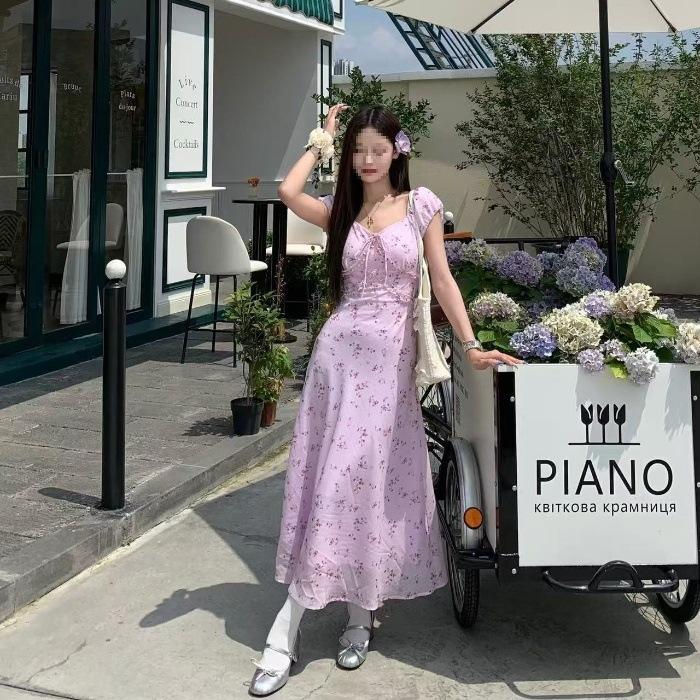 

Gentle wind V-neck floral dress women s summer new waist and thin A-shaped long dress temperament tea break skirt S