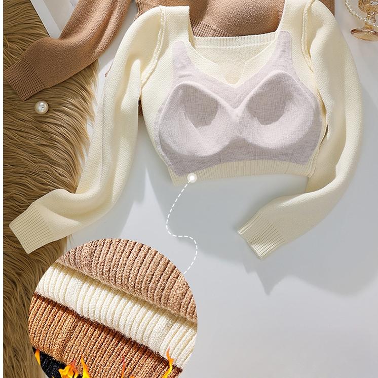 Autumn Winter Women's Knitted Sweaters Velvet Undershirt Thermal Underwear with Chest Pad