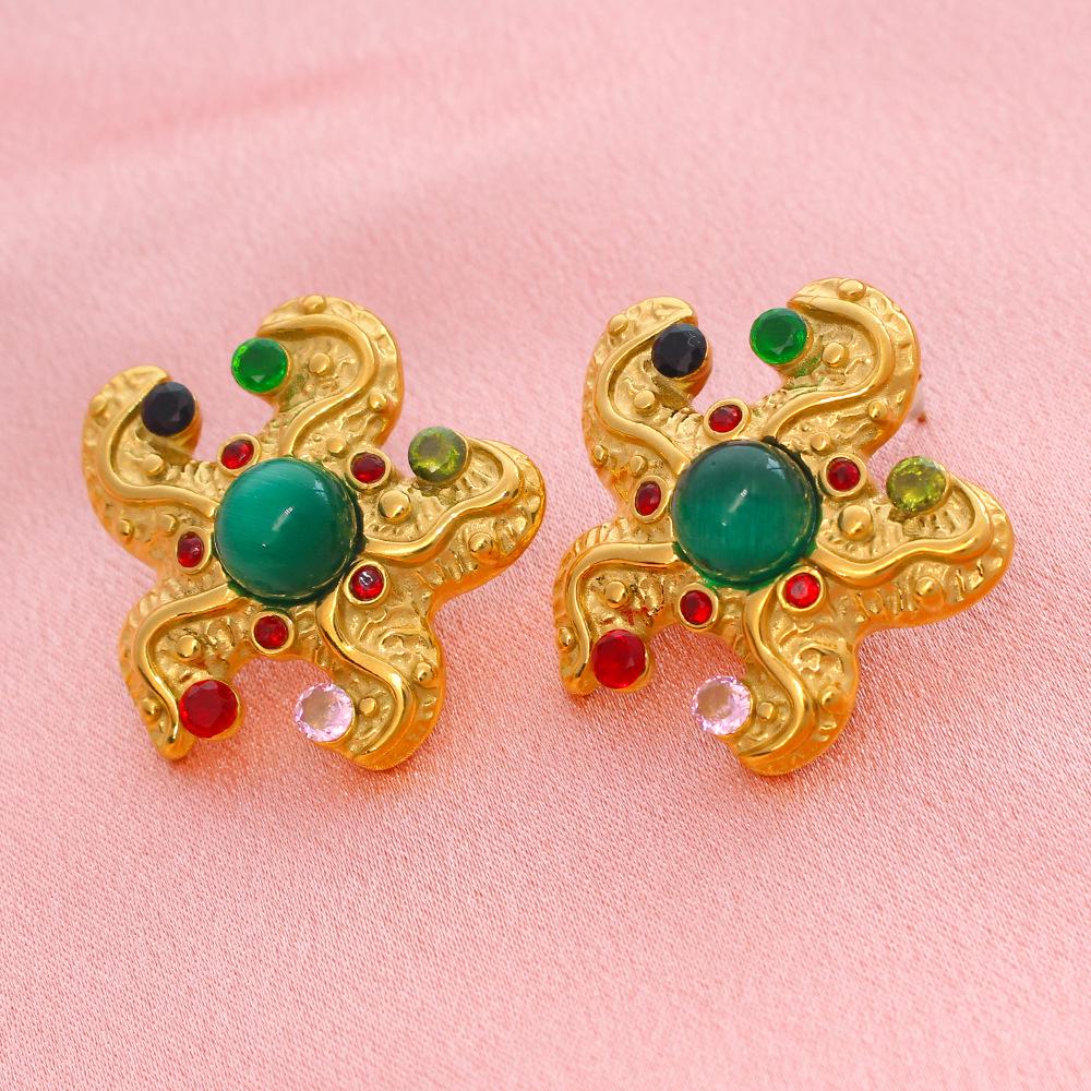 French Style Personalized Exaggerated Earrings with Natural Stones - High-End New Arrival Accessories золотой