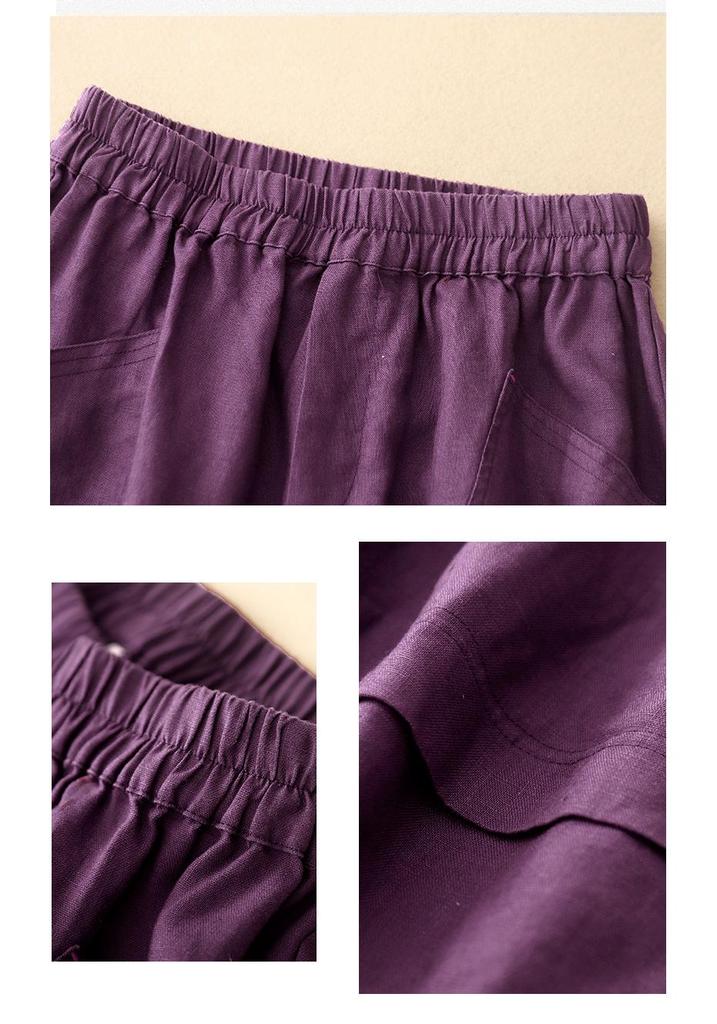Women's 2024 Retro Cotton-Linen Elastic Waist Shorts with Large Pockets, Wide-Leg, Slimming, Straight-Leg, Versatile Design