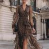 Leopard Print V-neck Long Sleeve Waist-cinching Ruffle Elegant Dress - 2026 Collection