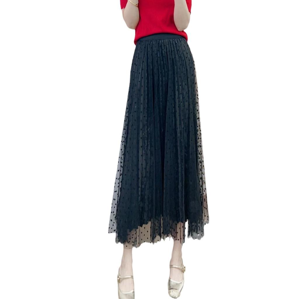 Spring 2026 Velvet Polka Dot Mesh High-Waisted Midi Skirt
