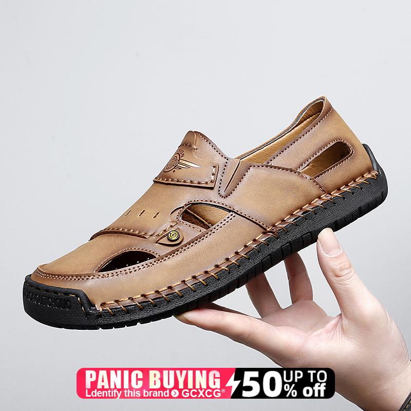 

Men s slippers flat bottomed beach breathable genuine leather business casual non slip lightweight hollow out outdoors sandals 39 чорний