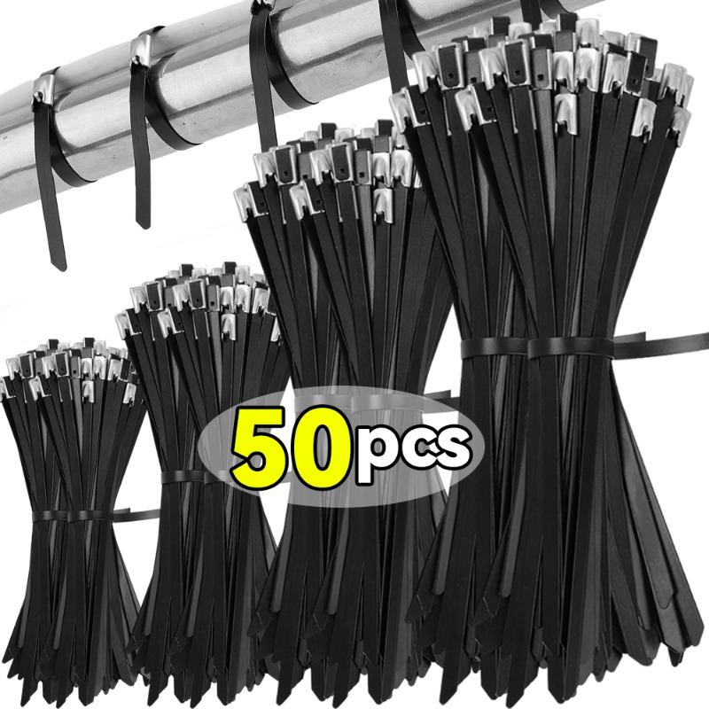 10/20/30/50pcs Stainless Steel Cable Ties Metal Self-locking Fastening Straps Black Heavy Duty Cable Wire Tie Exhaust Wrap Rings