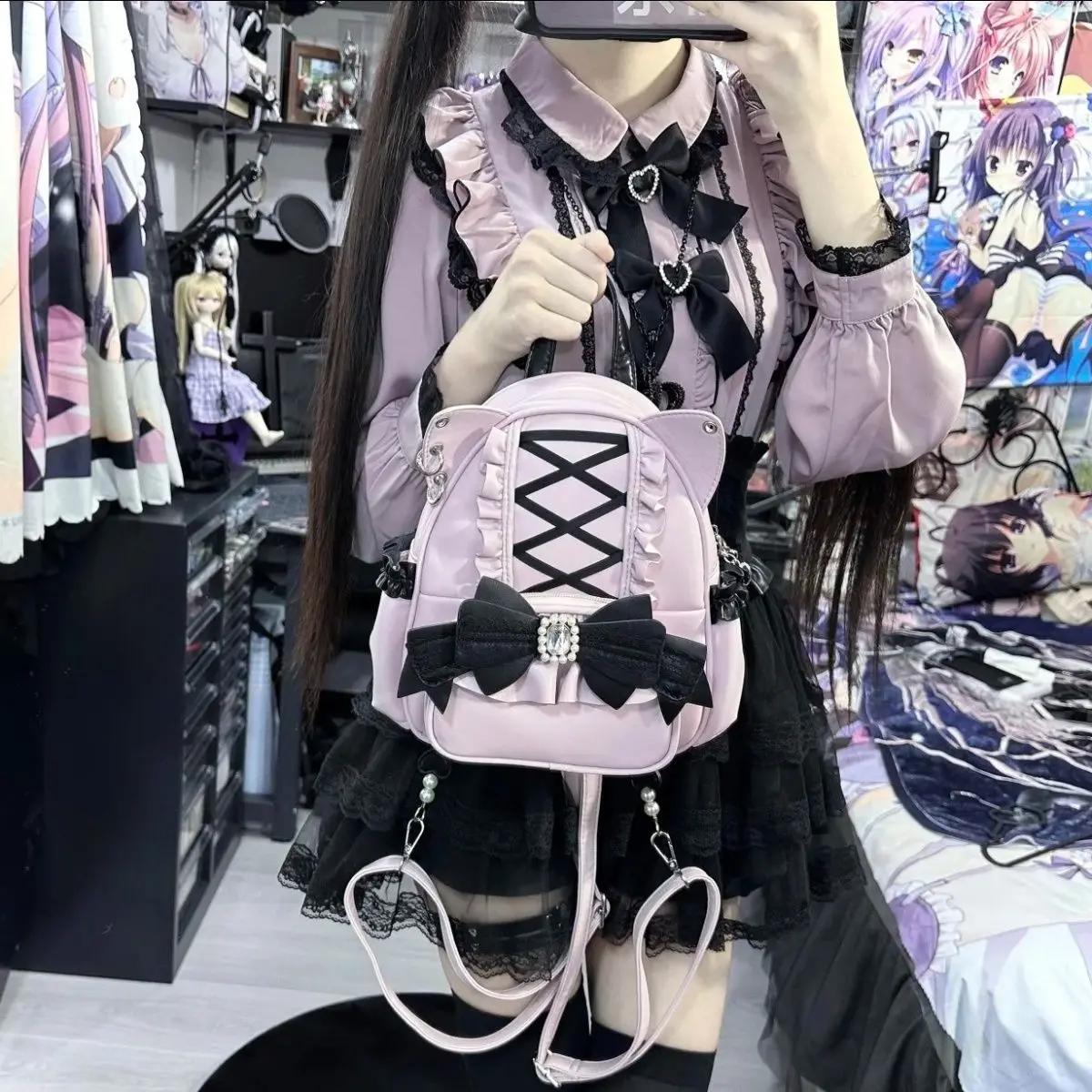 

JIAERDI Hurajuku Mini Mochila Lace Cat s Ear School Bag Cute Large Capacity Mochilas Mujer Lolita Sweet Bow Student Backpack Y2K рожевий