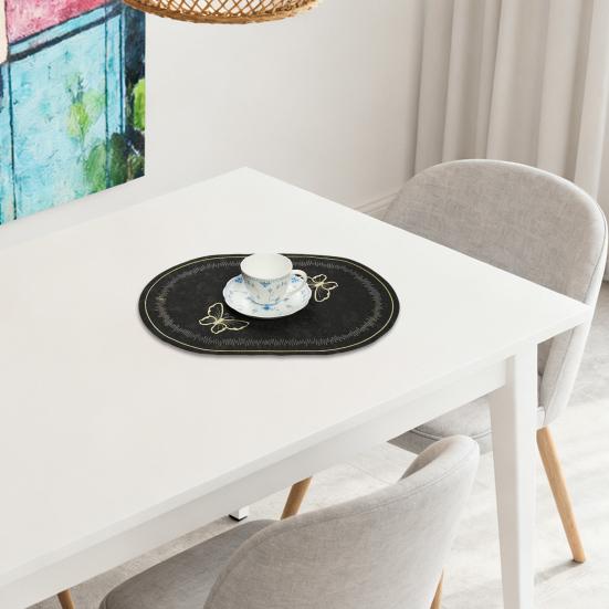 Linen Placemat Embroidery Butterflies Pattern Oval Heat-Resistant Stain-resistant Placemat Dining Accessories