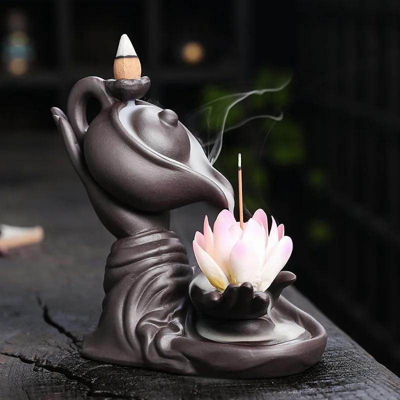 Zen Meditation Relaxation Ręcznie wykonany fioletowy gliniany palnik kadzideł Backflow Palnik kadzideł Lotus Buddha Hand Design - Bez kadzideł