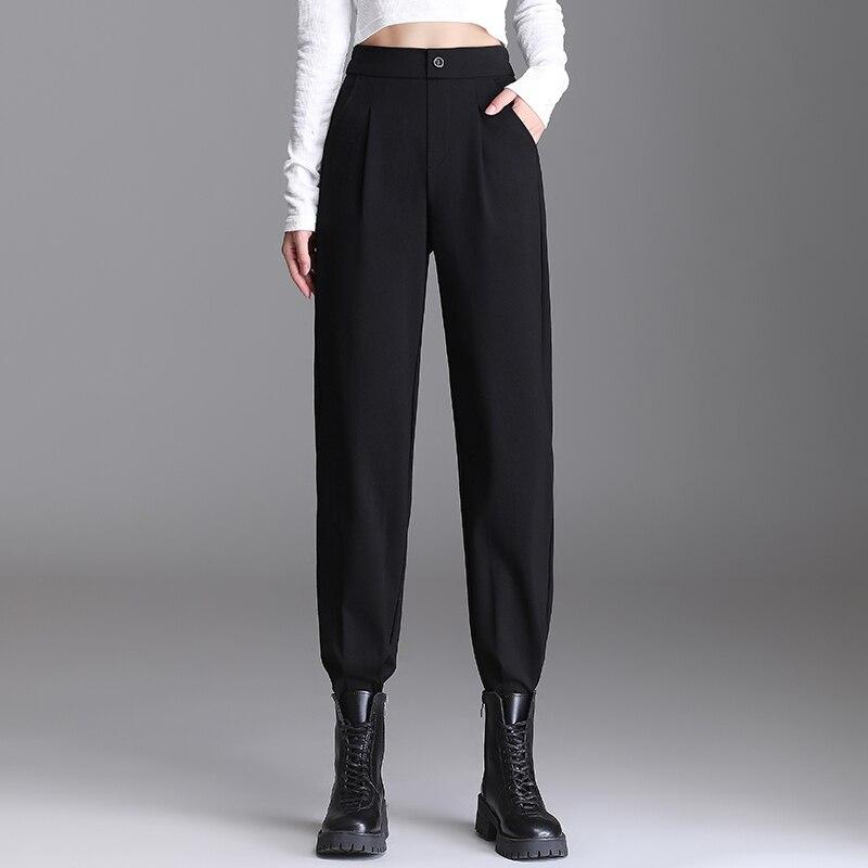 

Осень-зима, уличная одежда с высокой талией, брюки с высокой талией, винтажные корейские элегантные свободные однотонные модные повседневные теплые брюки-карандаш XXXXL чёрный