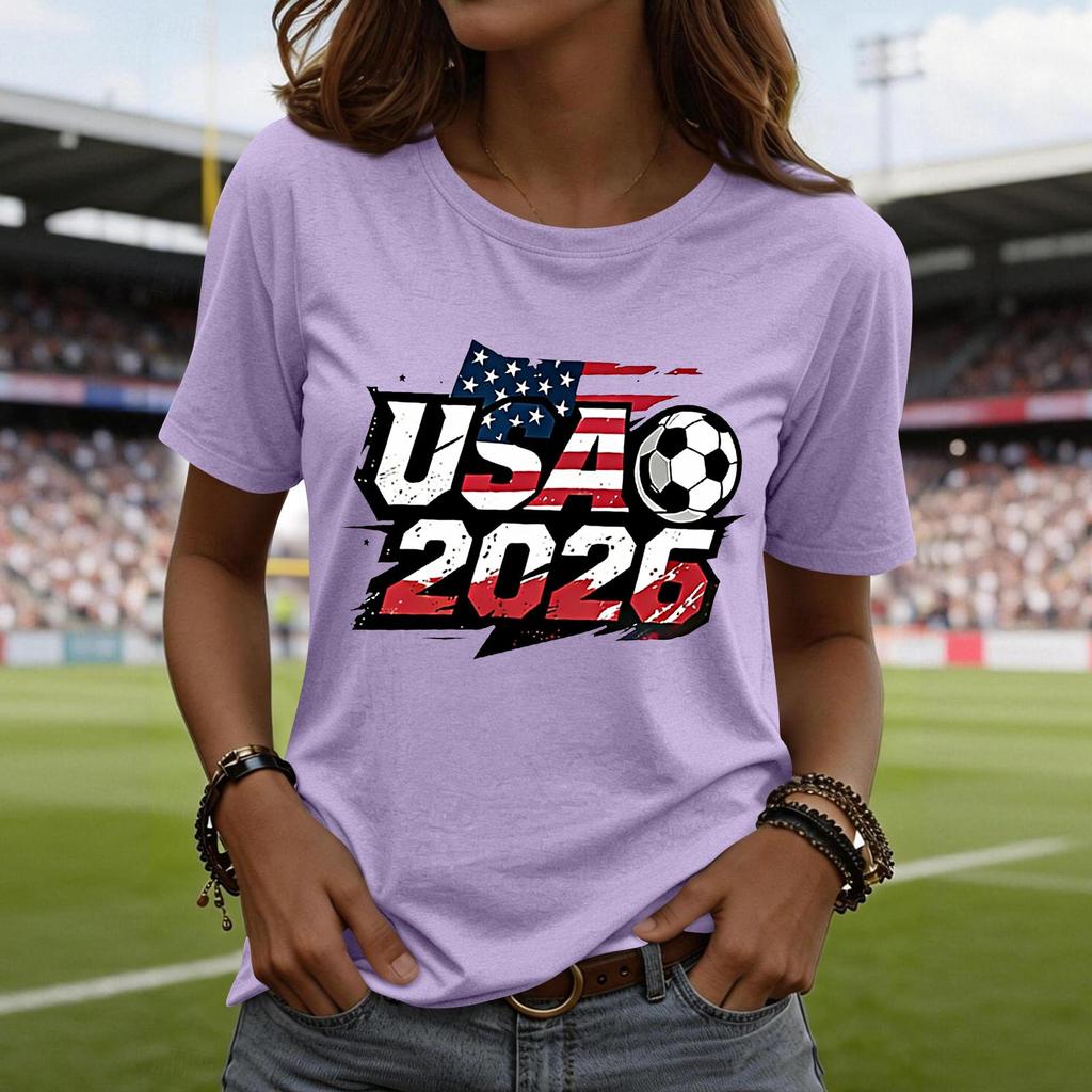 Women’s Short Sleeve Crewneck T Shirt with USA 2026 Graphic Print Soccer Ball Casual Loose Fit Top Tee