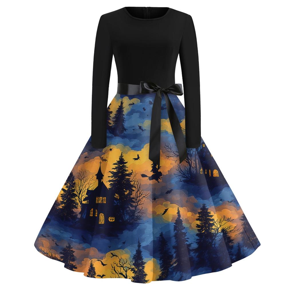 Women's Casual Halloween Print Dress Long Sleeve Round Neck Vintage Style Midi Dress with Waist Tie for Seasonal Festive Wear