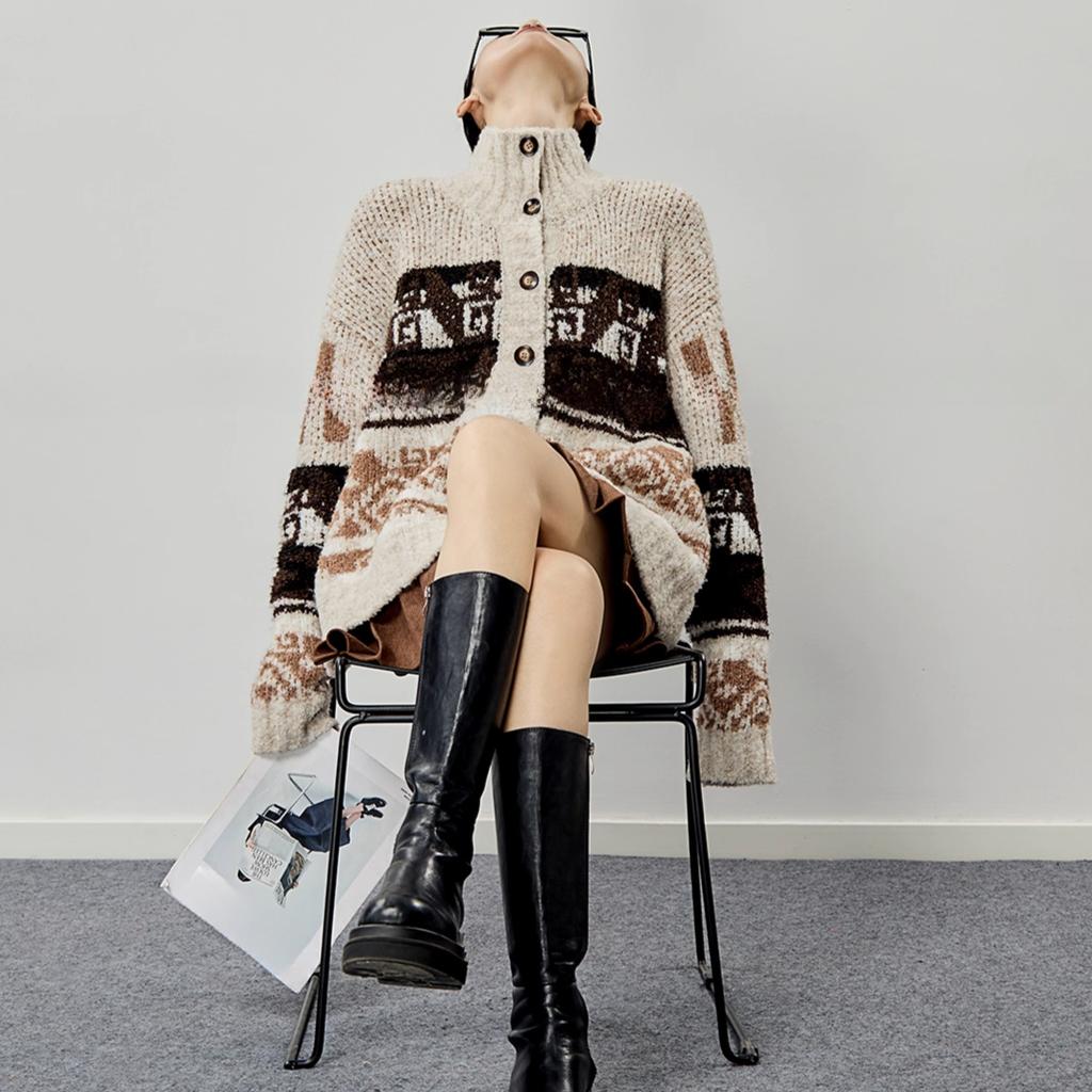 Dimanaf 2025 Plus Size Autumn Sweaters Cardigan Pockets Women Pattern Printing Buttons Sweaters Knitting Loose Sweater