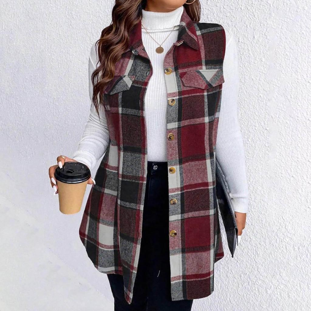 Women's Fashion Plus Size Brushed Plaid Collar Mid-Length Sleeveless Vest Jacket