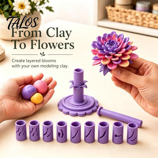 Handmade Floral Jewelry Supplies Modular Clay Flower Maker, Polymer Shaper with 9 Shaping Layered Cutter Sleeves, Reusable Press for Projects,