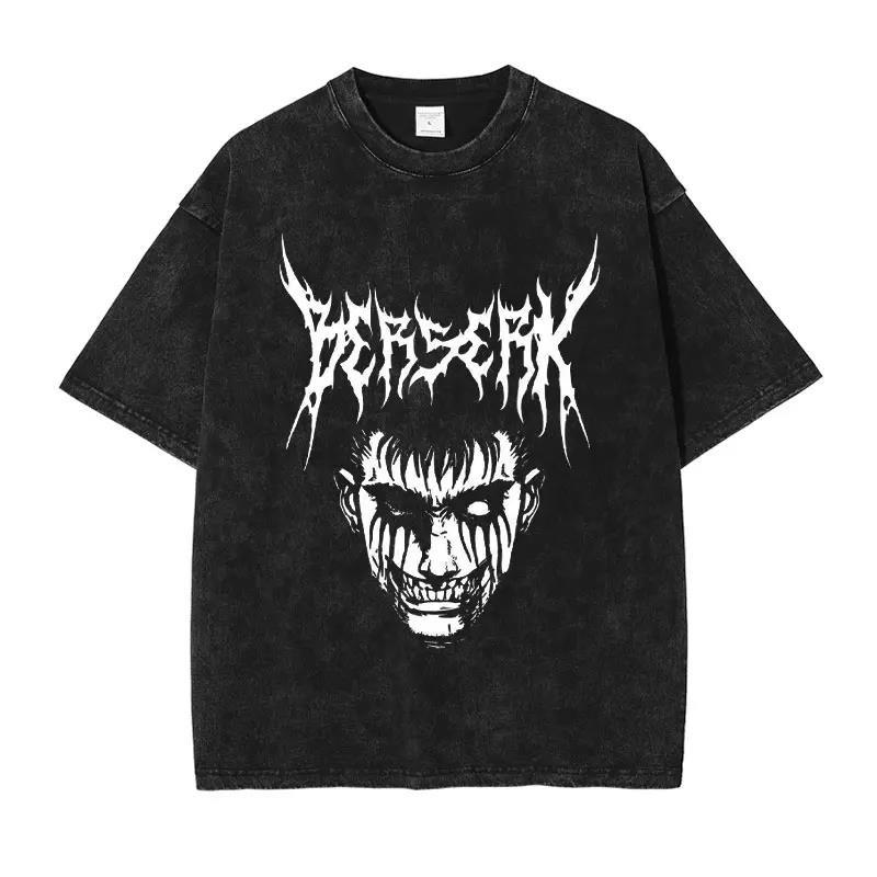 Japan Anime Berserk Graphic Washed TShirt Men Manga Cotton Tshirts Casual Vintage Gothic T Shirt Harajuku Male Street T-shirt
