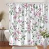 Floral Shower Curtain, Pink Purple White Watercolor Flowers & Green Leaves,  Machine Washable Polyester, Romantic Bathroom Decor