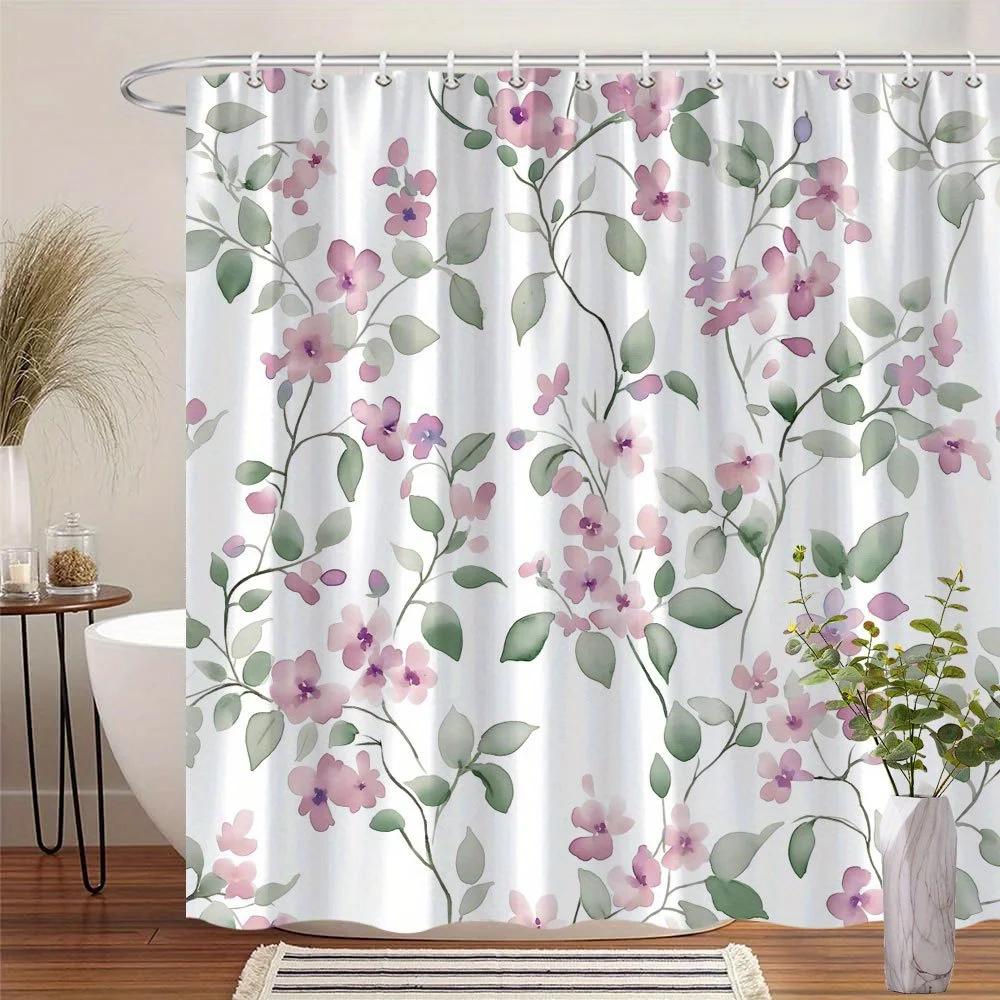 Floral Shower Curtain, Pink Purple White Watercolor Flowers & Green Leaves, Machine Washable Polyester, Romantic Bathroom Decor