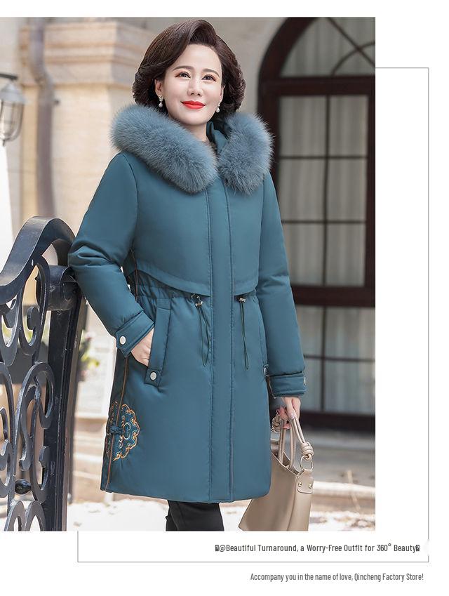 Mom's Mid-Length Autumn Winter Down Cotton Coat - New Style Plus Velvet for Middle-Aged & Elderly Women