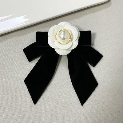 French Style Camellia Pearl Velvet Bow Brooch Elegant Neck Tie Mourning Corsage Pin Formal Wear Shirt Collar Accessories
