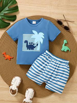 Fashion Summer Baby Boy 2PCS Outfit Dinosaur Print T-Shirt & Striped Shorts Casual Set for Toddler Newborn 0-3Y Casual Wear