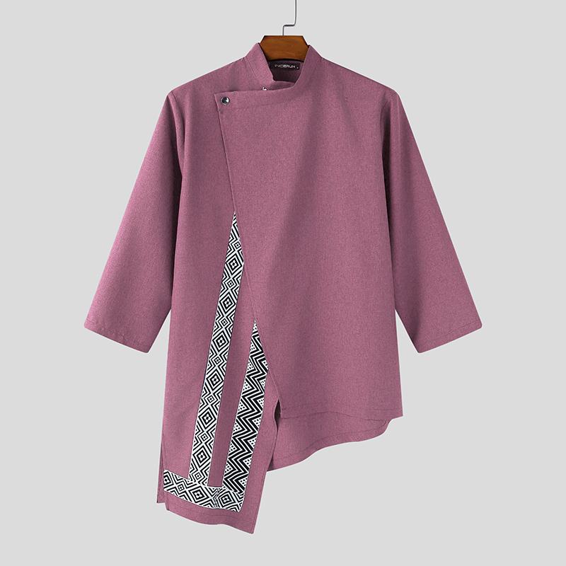 Summer Incerun Men Stand Neck 34 Sleeve Irregular Hem Print Casual Shirts