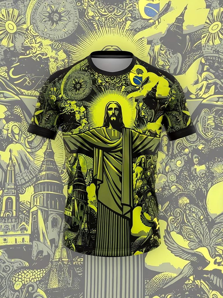Mens Oversized Brazil Christ the Redeemer Graphic Print Short Sleeve T Shirt Casual Streetwear Top for Daily Wear