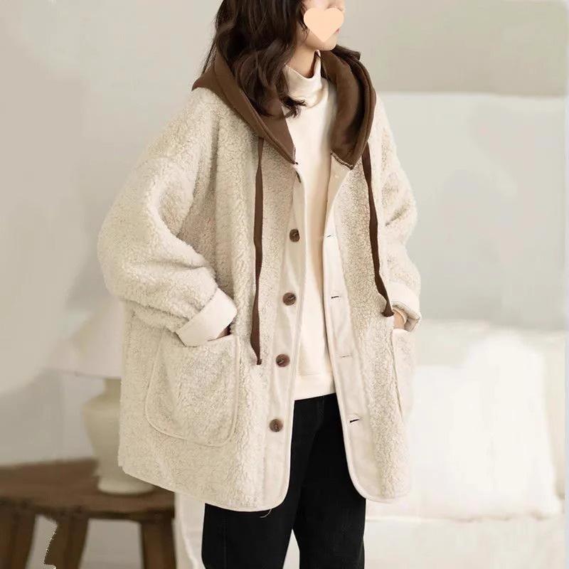 Lamb Wool Fleece Hooded Cotton-padded Jacket Coat Autumn Winter Women Clothes Patchwork Oversize Warm Fake Two Pieces Sweatshirt