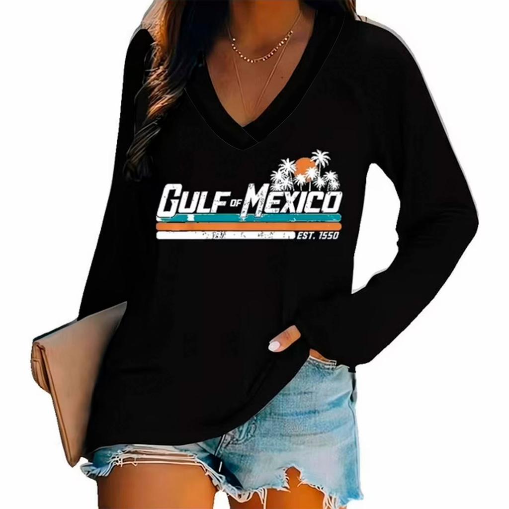 Women's Long Sleeved T-shirt V-neck Gradient Letter Printed Casual And Comfortable Top
