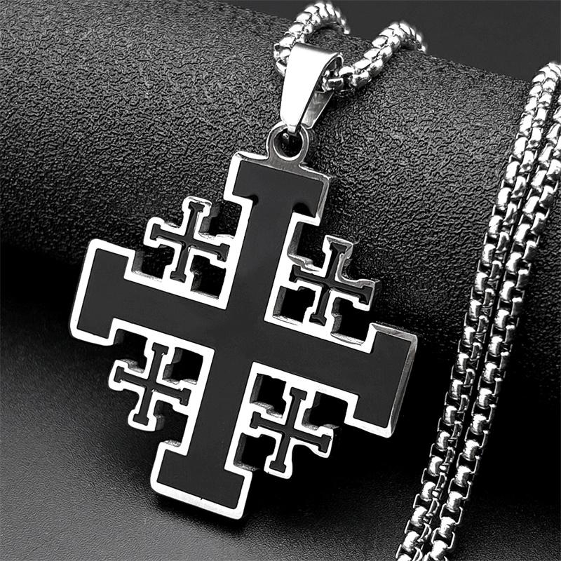 Christian Black Enamel Jerusalem Cross Pendant Necklace for Men Women Stainless Steel Gold Color Prayer Chain Amulet Jewelry