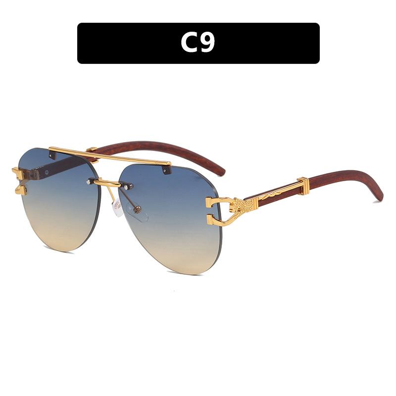 Leopard toad glasses sunglasses wood grain legs double beam frameless trimmed sunglasses European and American fashion trendy sunglasses retro