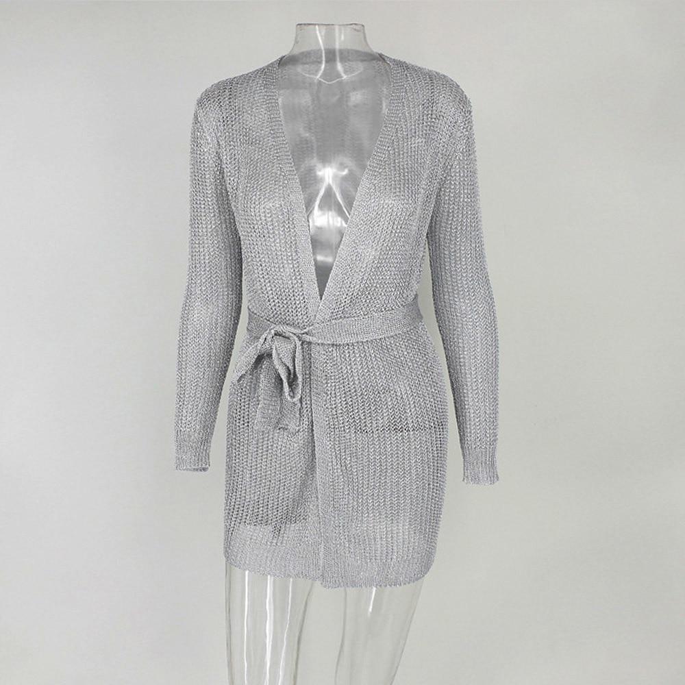 Sexy Mesh V Neck Mini Dress Women Elegant Nightclub Party Clothing Cardigan Style Waist Tie Dress